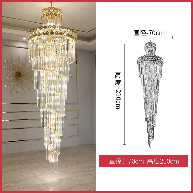 Living room chandelier, villa, middle floor, crystal lamp, light luxury, long chandelier of rotating stairs