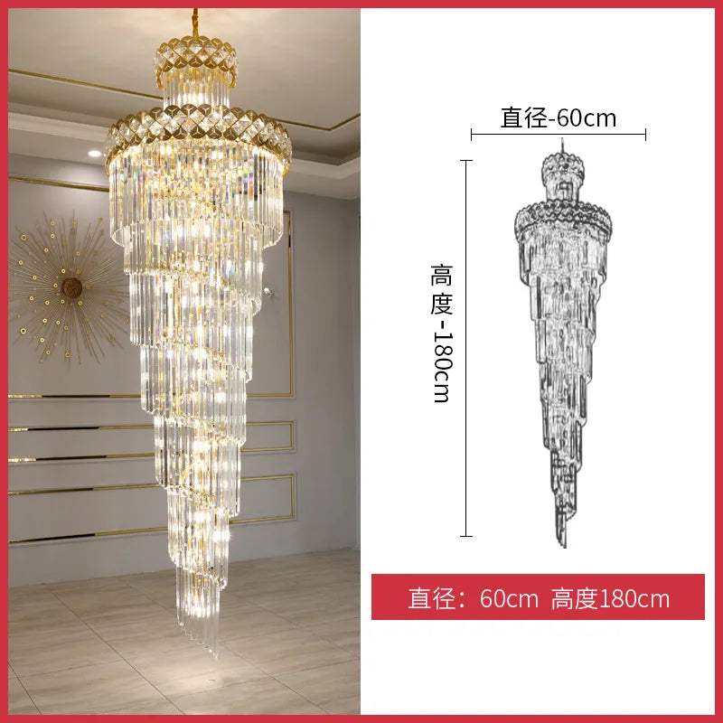 Living room chandelier, villa, middle floor, crystal lamp, light luxury, long chandelier of rotating stairs