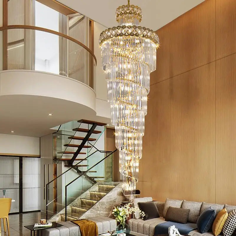 Living room chandelier, villa, middle floor, crystal lamp, light luxury, long chandelier of rotating stairs