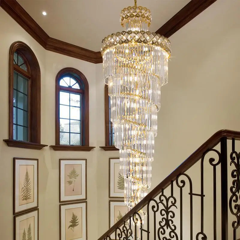 Living room chandelier, villa, middle floor, crystal lamp, light luxury, long chandelier of rotating stairs
