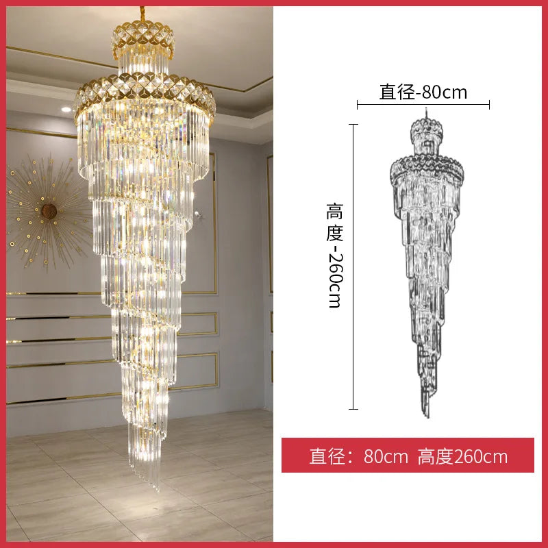 Living room chandelier, villa, middle floor, crystal lamp, light luxury, long chandelier of rotating stairs