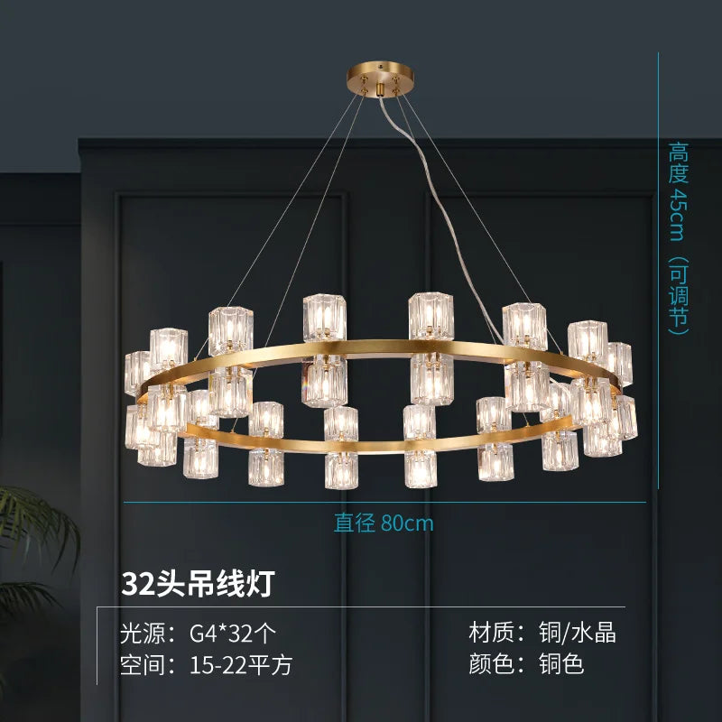 Living room crystal chandelier post-modern simple high-end atmosphere villa restaurant American copper lamp luxury bedroom study