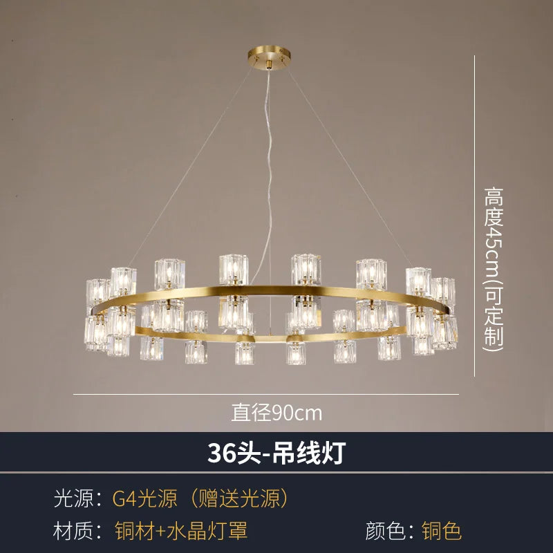 Living room crystal chandelier post-modern simple high-end atmosphere villa restaurant American copper lamp luxury bedroom study