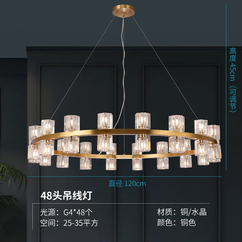 Living room crystal chandelier post-modern simple high-end atmosphere villa restaurant American copper lamp luxury bedroom study