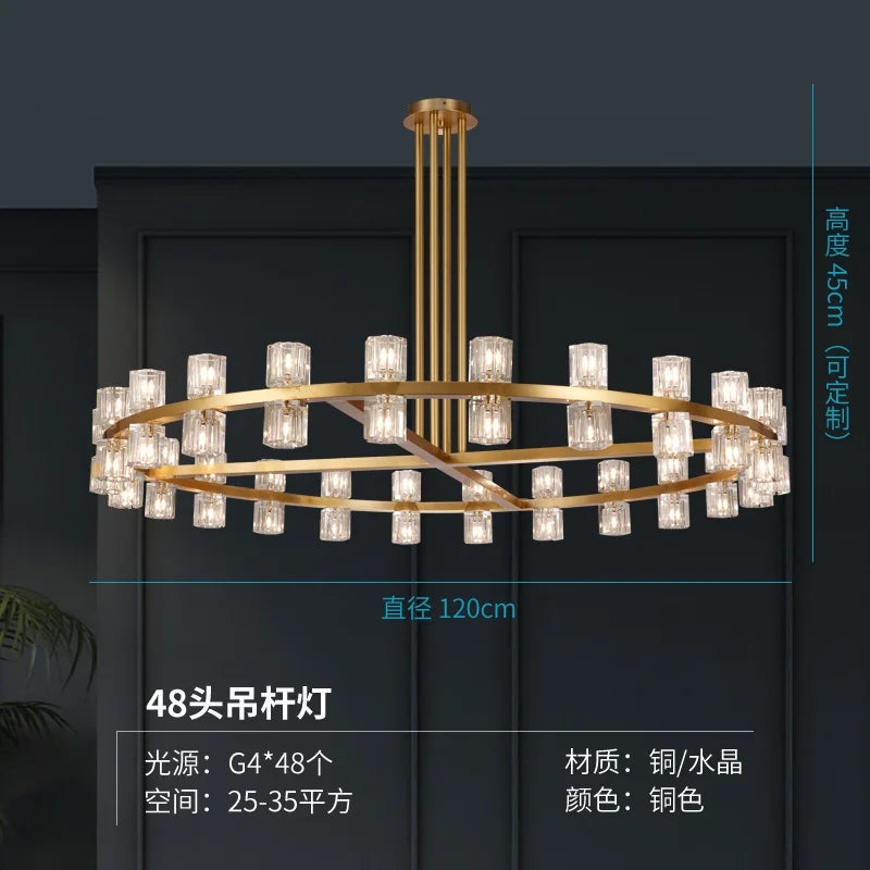 Living room crystal chandelier post-modern simple high-end atmosphere villa restaurant American copper lamp luxury bedroom study