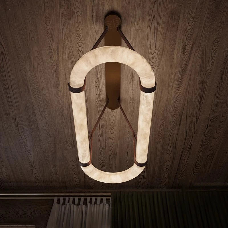 Long Luxury Natural Marble Ceiling Chandelier for Home Decoration Led White Marble Leather Hanging Lamp for Dining Room Villa