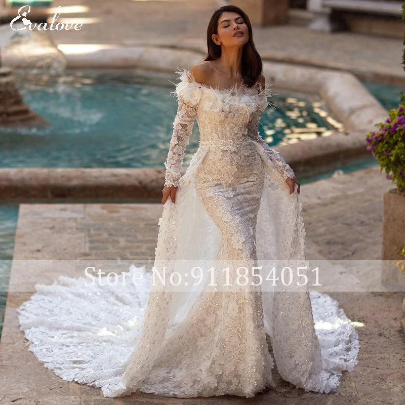 Long Sleeve Appliques Lace Detachable Train Mermaid Wedding Dress 2024 Luxury Boat Neck Beading 3D Flowers Princess Bridal Gown