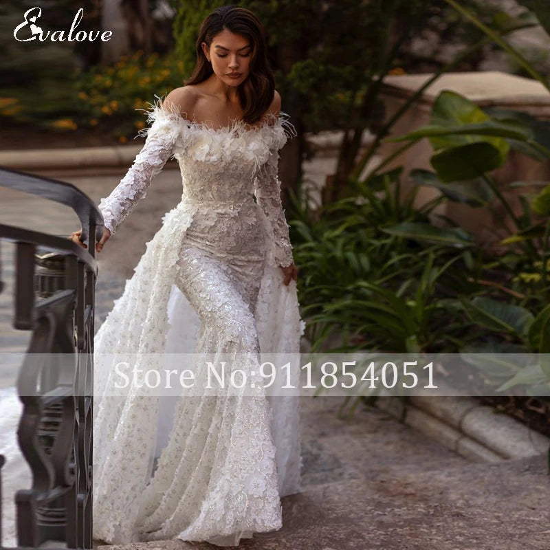 Long Sleeve Appliques Lace Detachable Train Mermaid Wedding Dress 2024 Luxury Boat Neck Beading 3D Flowers Princess Bridal Gown