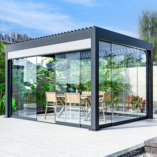 Louver pavilion, outdoor courtyard, sunshade, garden, outdoor windproof glass door, aluminum alloy pavilion, Chinese style sunro
