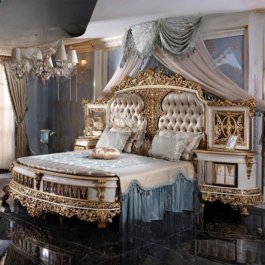 Luxurious European double bed 2m French court solid wood fabric wedding bed Large-sized villa main bed.