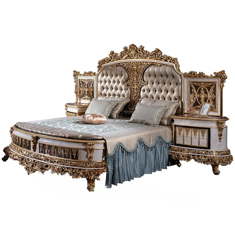 Luxurious European double bed 2m French court solid wood fabric wedding bed Large-sized villa main bed.