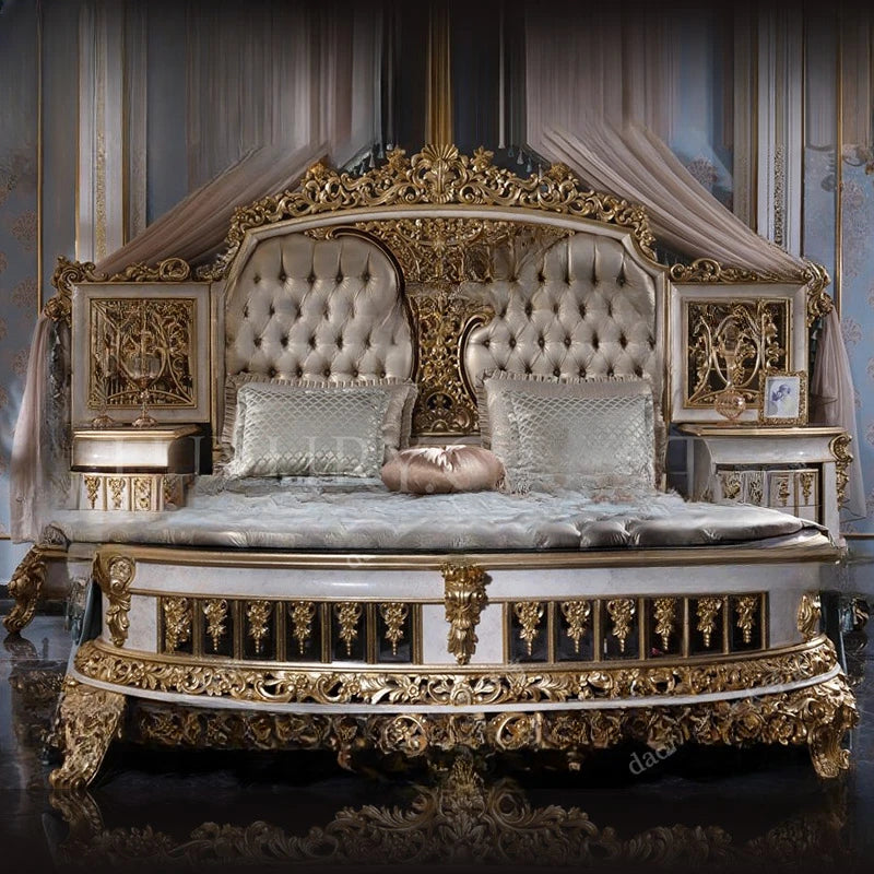 Luxurious European double bed 2m French court solid wood fabric wedding bed Large-sized villa main bed.