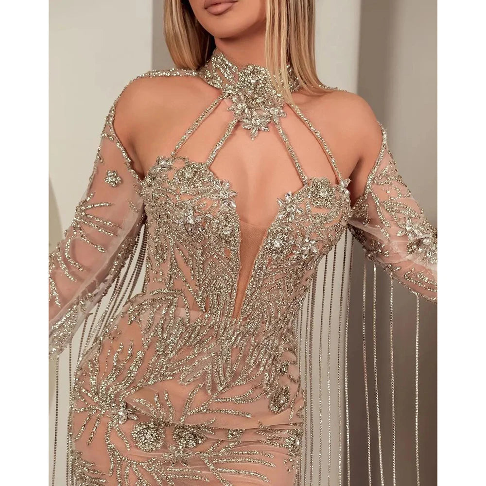 Luxurious Mermaid Evening Dress Tassel Bead String Long Sleeves Prom Gowns Sequins Party Dresses Custom Made
