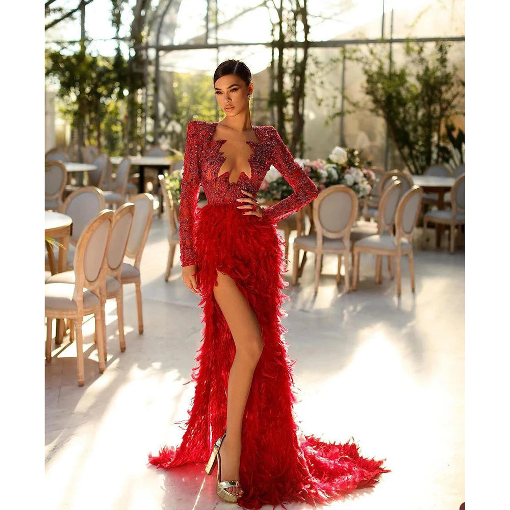 Luxurious Mermaid Evening Dress Tassel Bead String Long Sleeves Prom Gowns Sequins Party Dresses Custom Made