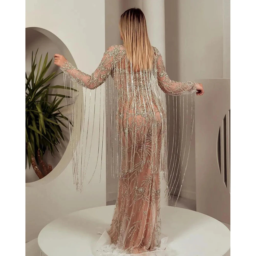 Luxurious Mermaid Evening Dress Tassel Bead String Long Sleeves Prom Gowns Sequins Party Dresses Custom Made
