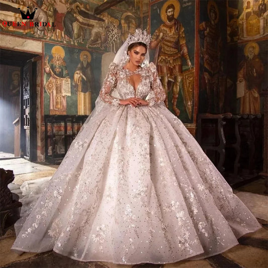 Luxurious Wedding Dresses Ball Gown Puffy Long Sleeve Tulle Lace Crystal Beaded Flowers Formal Bridal Gown Custom Size DX50