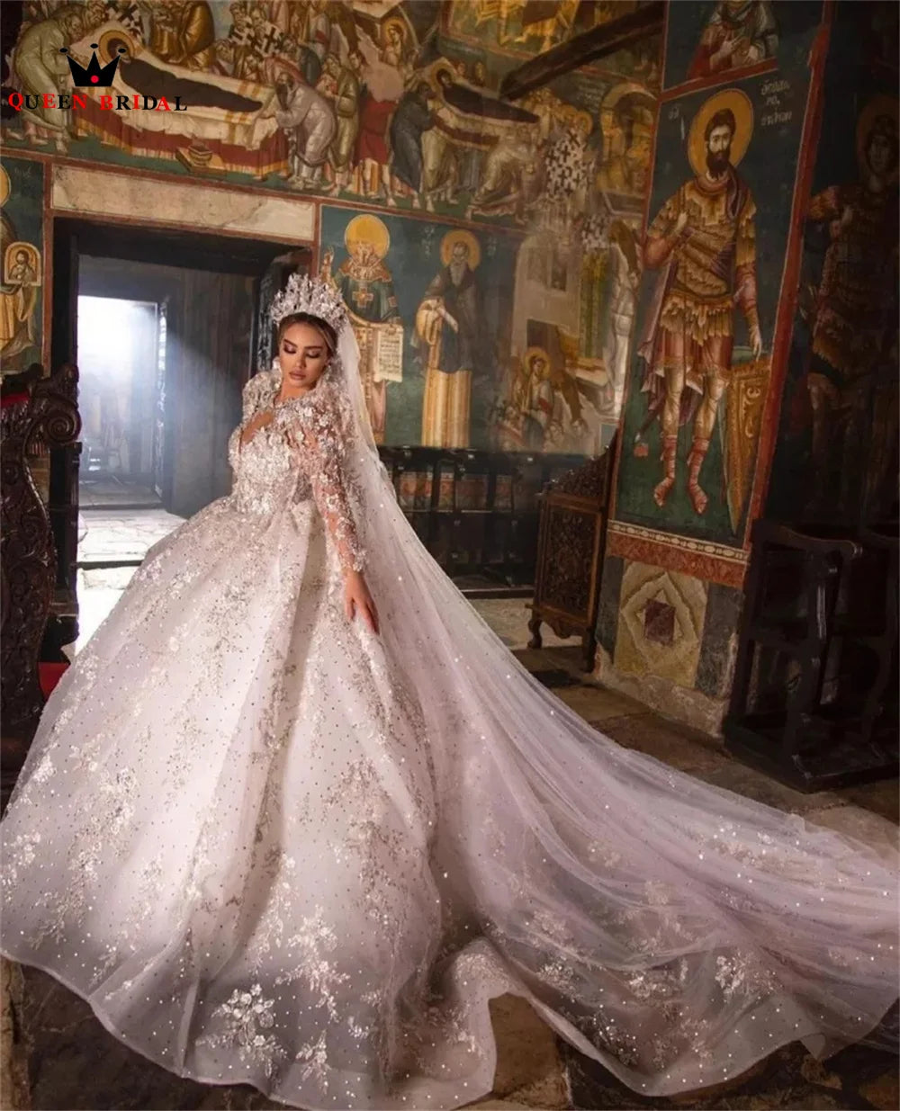 Luxurious Wedding Dresses Ball Gown Puffy Long Sleeve Tulle Lace Crystal Beaded Flowers Formal Bridal Gown Custom Size DX50