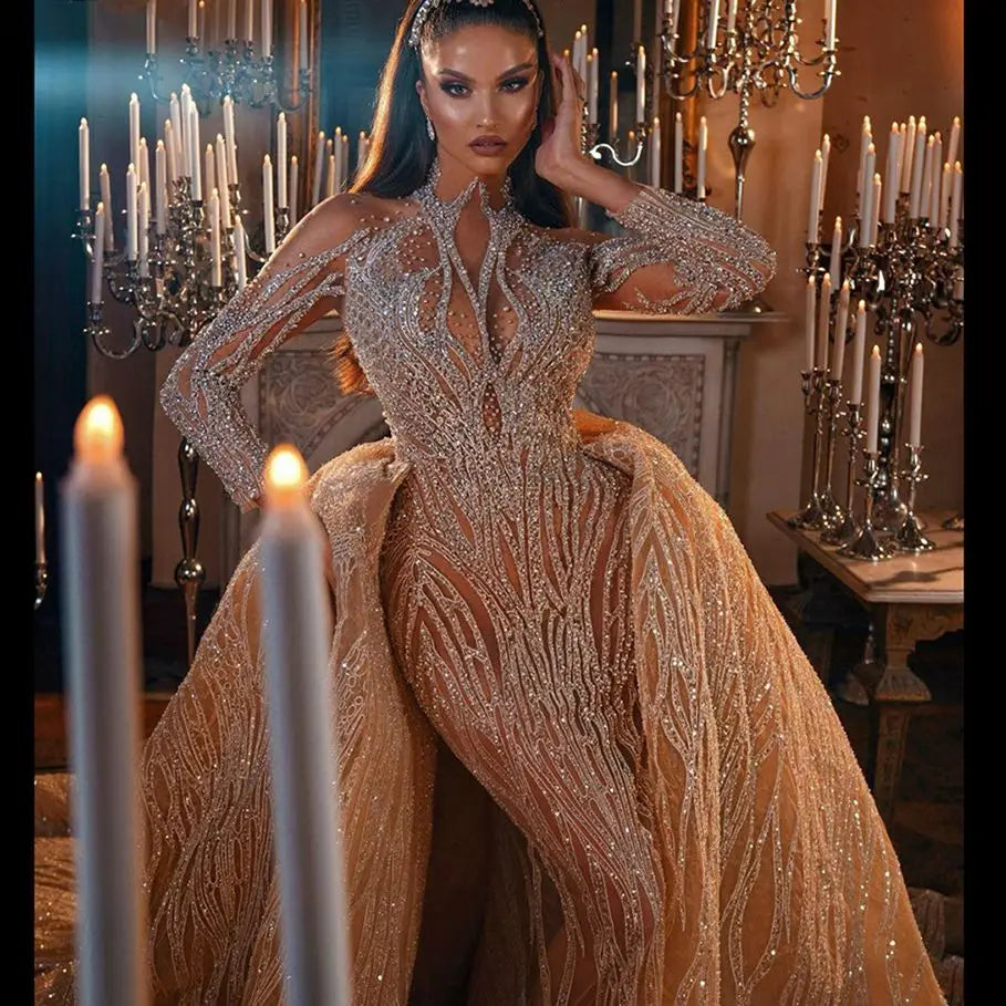Luxurious Wedding Mermaid Dresses Champagn Long Sleeve Vintage Bridal Gowns Custom Made Applique Party Dress Vestido De Novia