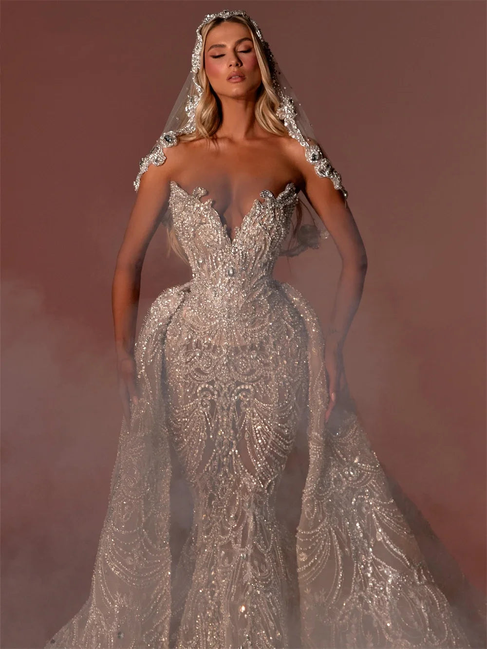 Luxury Beading Wedding Dress 2 in 1 Detachable Train Strapless V-Neck Mermaid Bridal Gown Dubai Bride Dress Custom Made (＋Veil)