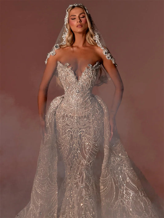 Luxury Beading Wedding Dress 2 in 1 Detachable Train Strapless V-Neck Mermaid Bridal Gown Dubai Bride Dress Custom Made (＋Veil)