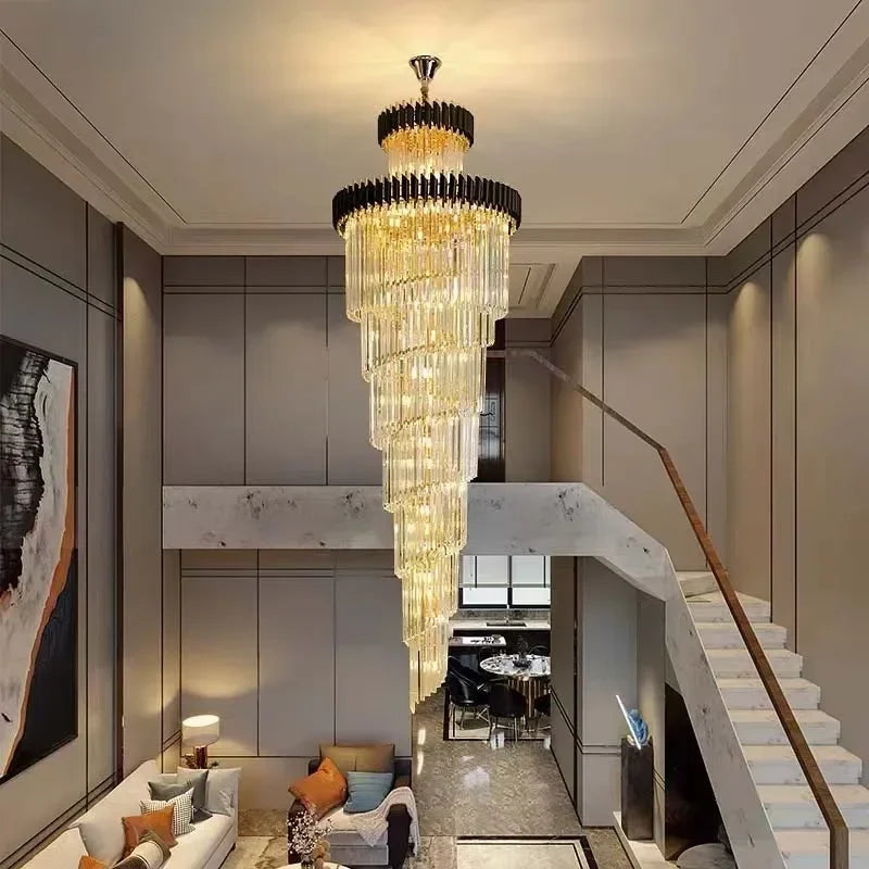 Luxury Crystal LED Chandelier For Staircase Villa Large Modern Cristal Stair Hanging Lamp Gold Home Indoor Long Lighting Fixture