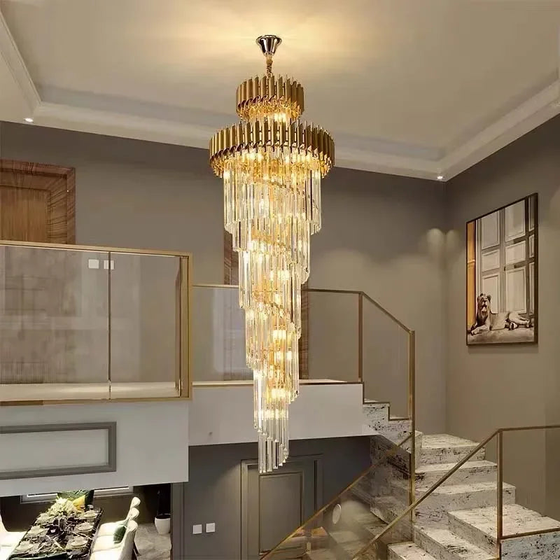 Luxury Crystal LED Chandelier For Staircase Villa Large Modern Cristal Stair Hanging Lamp Gold Home Indoor Long Lighting Fixture