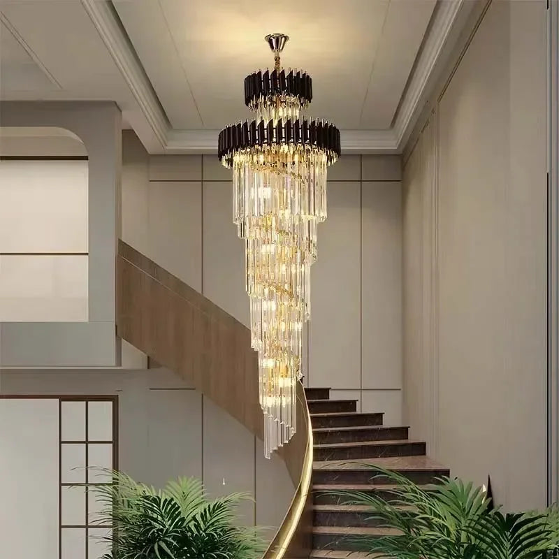 Luxury Crystal LED Chandelier For Staircase Villa Large Modern Cristal Stair Hanging Lamp Gold Home Indoor Long Lighting Fixture
