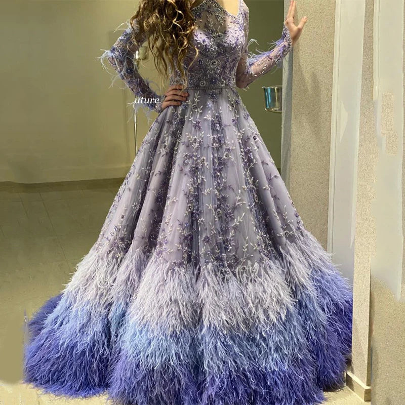 Luxury Dubai Lavender A-Line Evening Dress Off the Shoulder Long Sleeves Beads Crystal Feather Prom Dresses for Women Party Dre