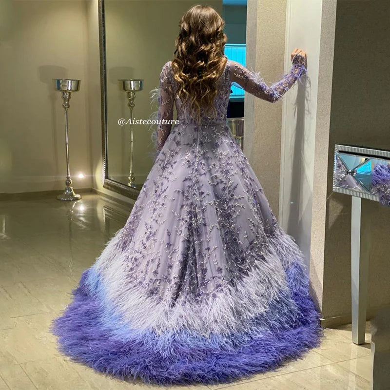 Luxury Dubai Lavender A-Line Evening Dress Off the Shoulder Long Sleeves Beads Crystal Feather Prom Dresses for Women Party Dre