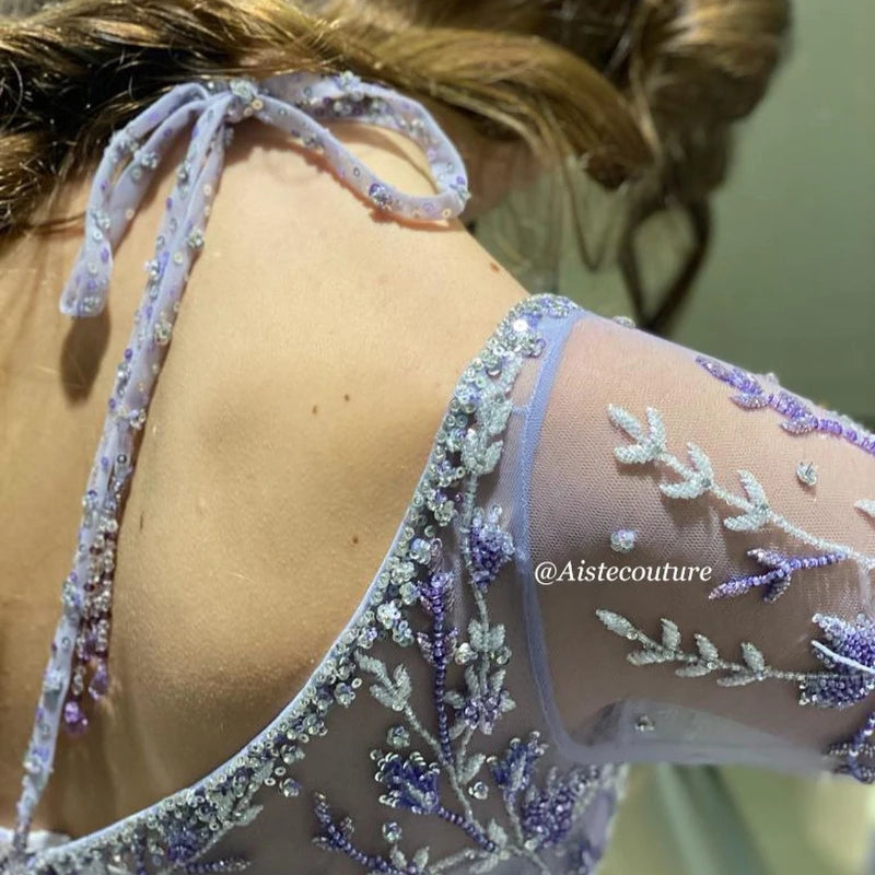 Luxury Dubai Lavender A-Line Evening Dress Off the Shoulder Long Sleeves Beads Crystal Feather Prom Dresses for Women Party Dre