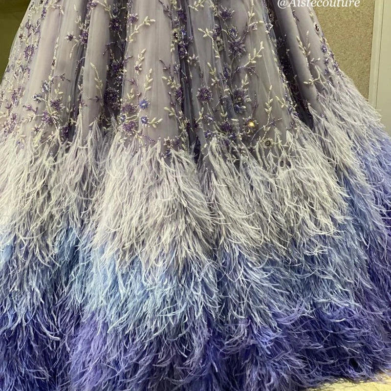 Luxury Dubai Lavender A-Line Evening Dress Off the Shoulder Long Sleeves Beads Crystal Feather Prom Dresses for Women Party Dre