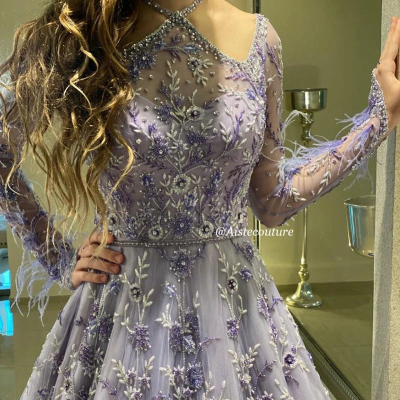 Luxury Dubai Lavender A-Line Evening Dress Off the Shoulder Long Sleeves Beads Crystal Feather Prom Dresses for Women Party Dre