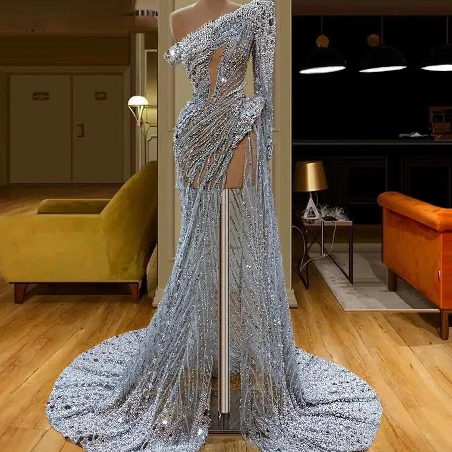 Luxury Dubai Mermaid Evening Dress One Shoulder Beaded Crystal Formal Robe Female Gowns Vestido de festa