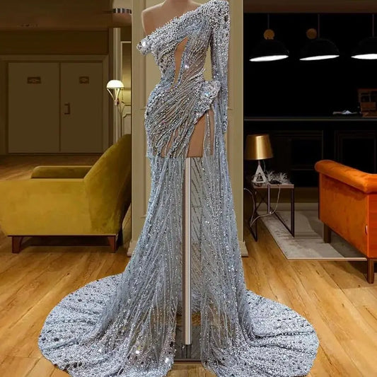 Luxury Dubai Mermaid Evening Dress One Shoulder Beaded Crystal Formal Robe Female Gowns Vestido de festa