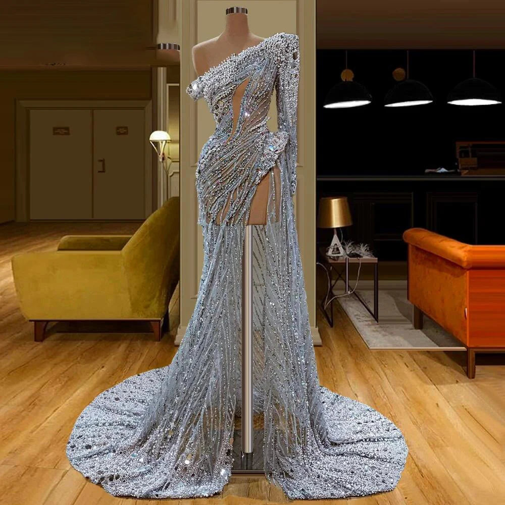Luxury Dubai Mermaid Evening Dress One Shoulder Beaded Crystal Formal Robe Female Gowns Vestido de festa