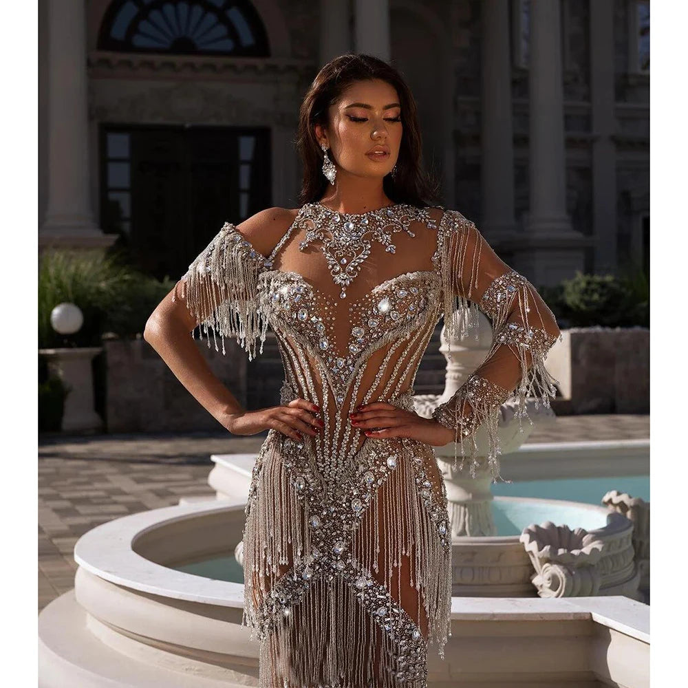 Luxury Mermaid Evening Dresses For Women Crystal Tassel Sexy Banquet Gowns Custom Made Robe De Soirée