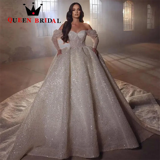 Luxury Sequined Lace Pearls Wedding Dresses Sweetheart Off The Shoulder Long Sleeve Bridal Gowns Robe De Mariée Custom Y48X