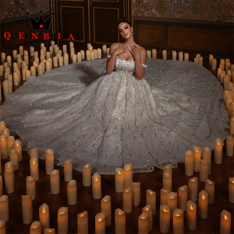 Luxury Sequined Lace Wedding Dresses Off The Shoulder Backless Floor-Length Bridal Ball Gowns Robe De Mariée Custom Y75X