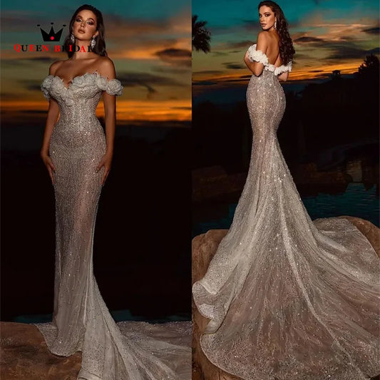 Luxury Sequined Pearls Lace Wedding Dress 2023 Off Shoulder Sexy Mermaid Sweetheart Bridal Gown Robe De Mariée Custom Y50W