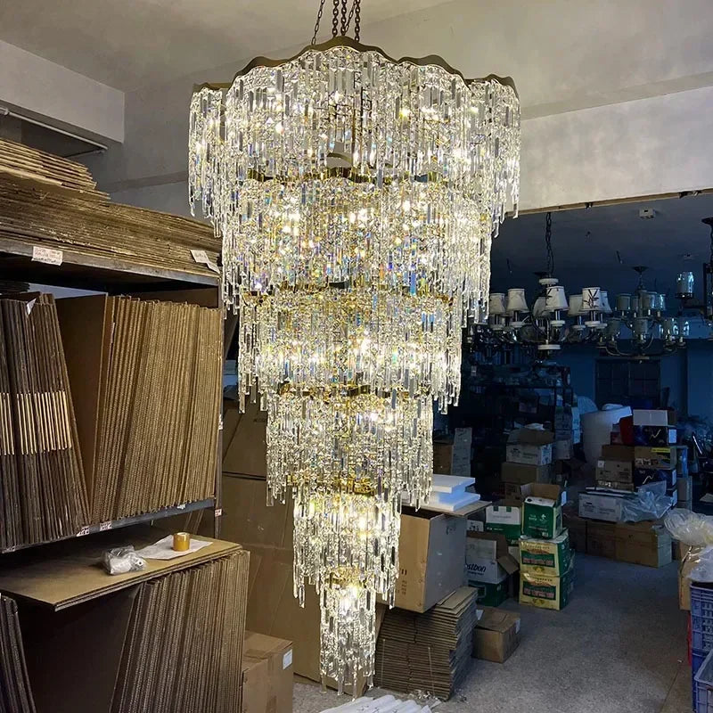Luxury Shining Crystal Long Chandelier for Staircase High Ceiling Villa Hall Stylish Hollow Chandelier for Duplex Living Room