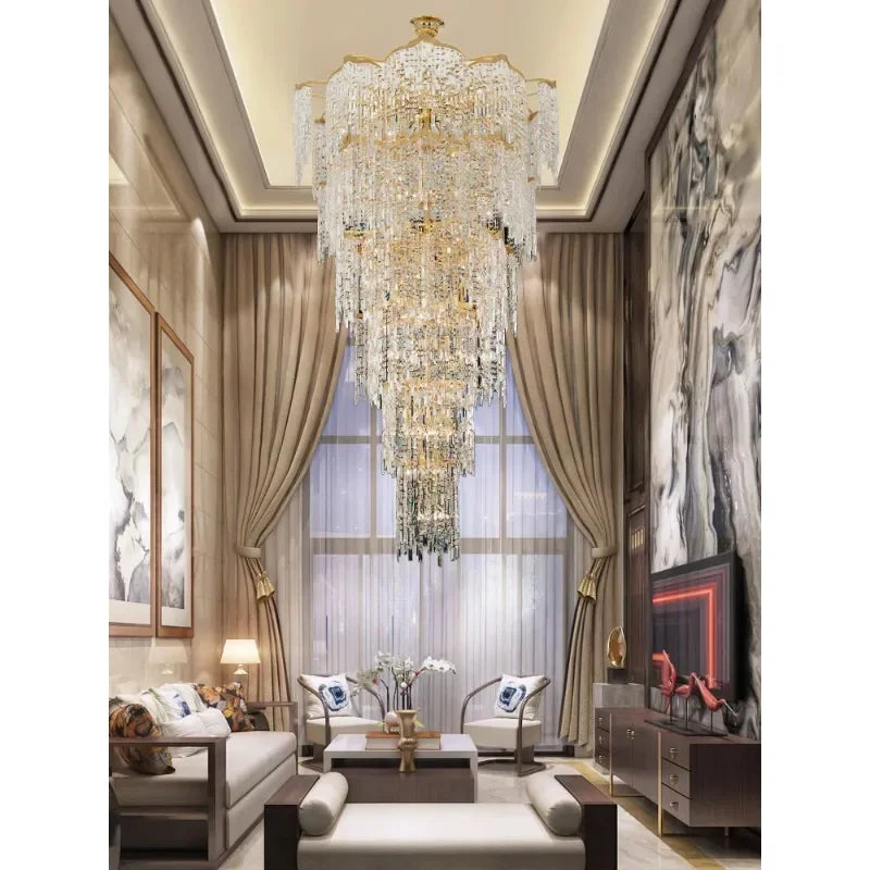 Luxury Shining Crystal Long Chandelier for Staircase High Ceiling Villa Hall Stylish Hollow Chandelier for Duplex Living Room