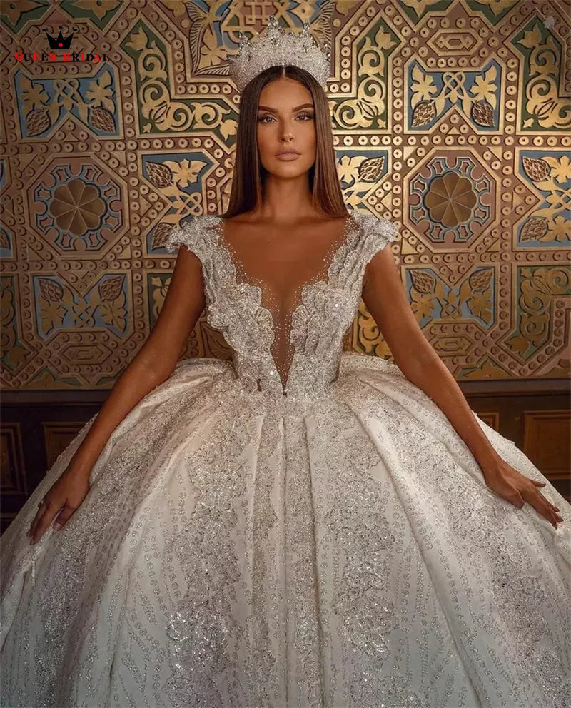 Luxury Wedding Dresses Ball Gown Puffy Tulle Lace Crystal Beading Diamond Appliques Formal Bridal Gown Custom Size DZ71