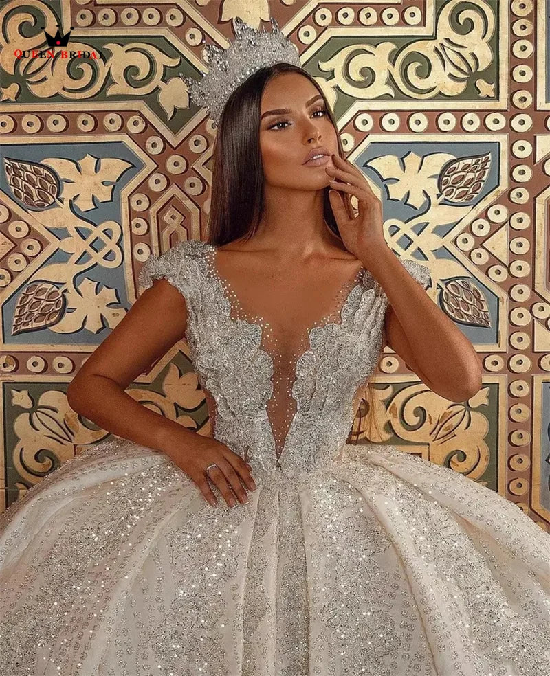 Luxury Wedding Dresses Ball Gown Puffy Tulle Lace Crystal Beading Diamond Appliques Formal Bridal Gown Custom Size DZ71