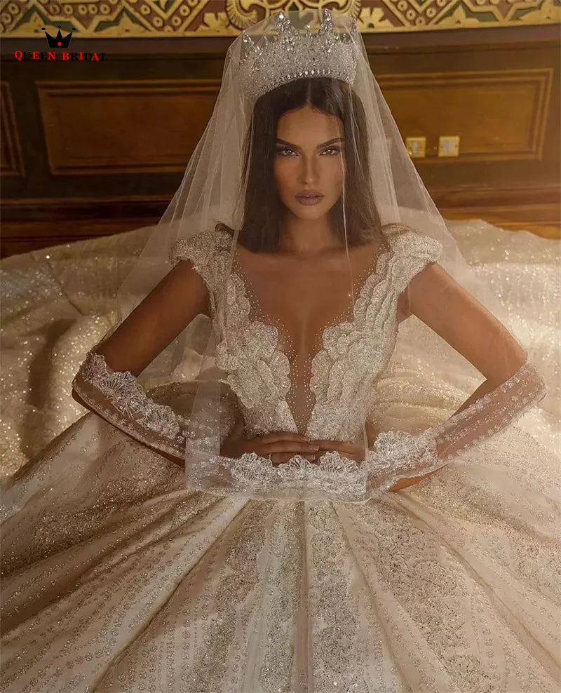 Luxury Wedding Dresses Ball Gown Puffy Tulle Lace Crystal Beading Diamond Appliques Formal Bridal Gown Custom Size DZ71