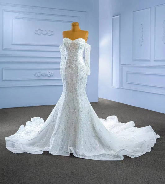 Luxury Wedding Dresses Mermaid Long Sleeves Tulle Pearls Turkey Dubai Saudi Arabia Wedding Gown Bridal Dress Vestido De Noiva