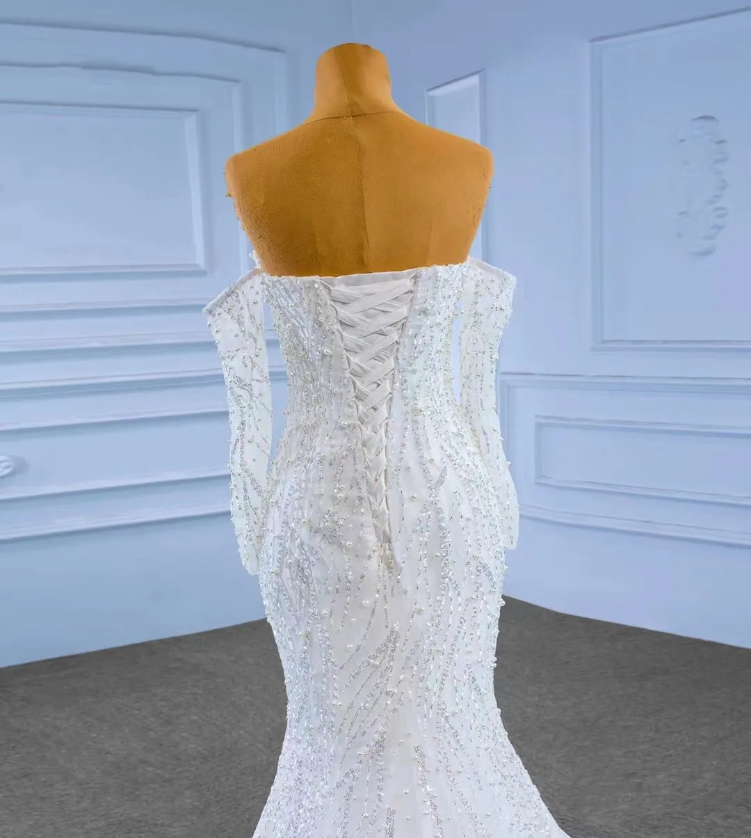 Luxury Wedding Dresses Mermaid Long Sleeves Tulle Pearls Turkey Dubai Saudi Arabia Wedding Gown Bridal Dress Vestido De Noiva