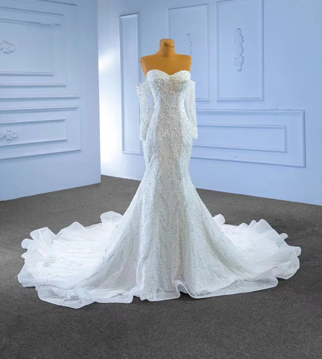 Luxury Wedding Dresses Mermaid Long Sleeves Tulle Pearls Turkey Dubai Saudi Arabia Wedding Gown Bridal Dress Vestido De Noiva