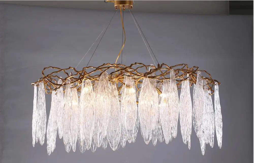 Luxury copper branches long line restaurant chandeliers European creative personality luxury villa living room glass leaf lamps