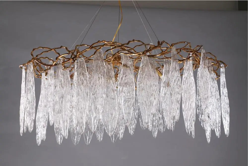 Luxury copper branches long line restaurant chandeliers European creative personality luxury villa living room glass leaf lamps