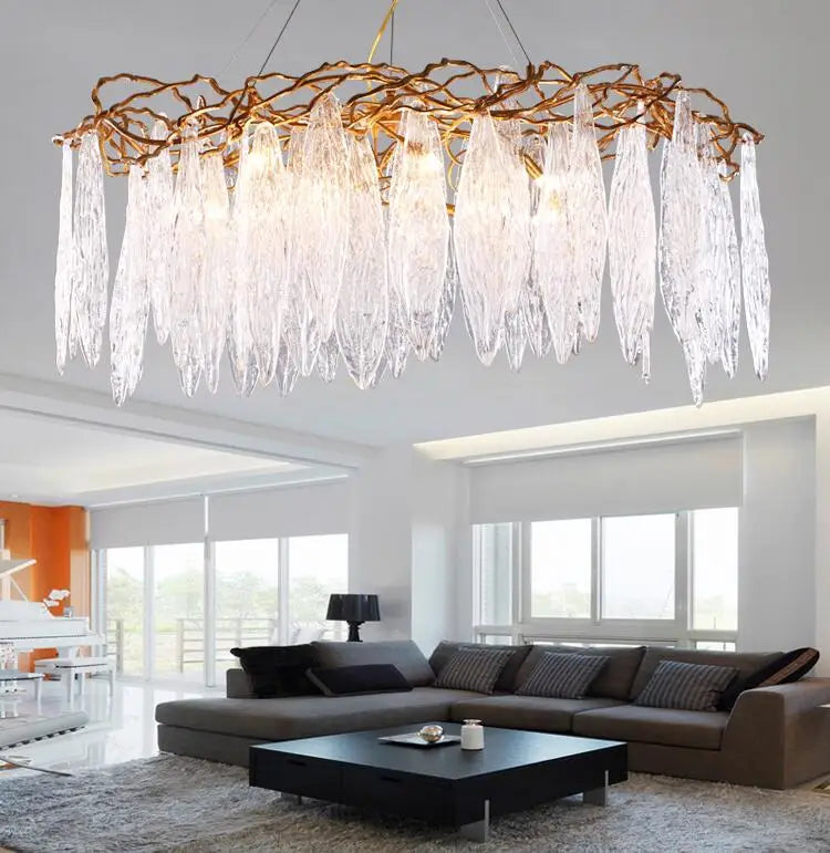 Luxury copper branches long line restaurant chandeliers European creative personality luxury villa living room glass leaf lamps